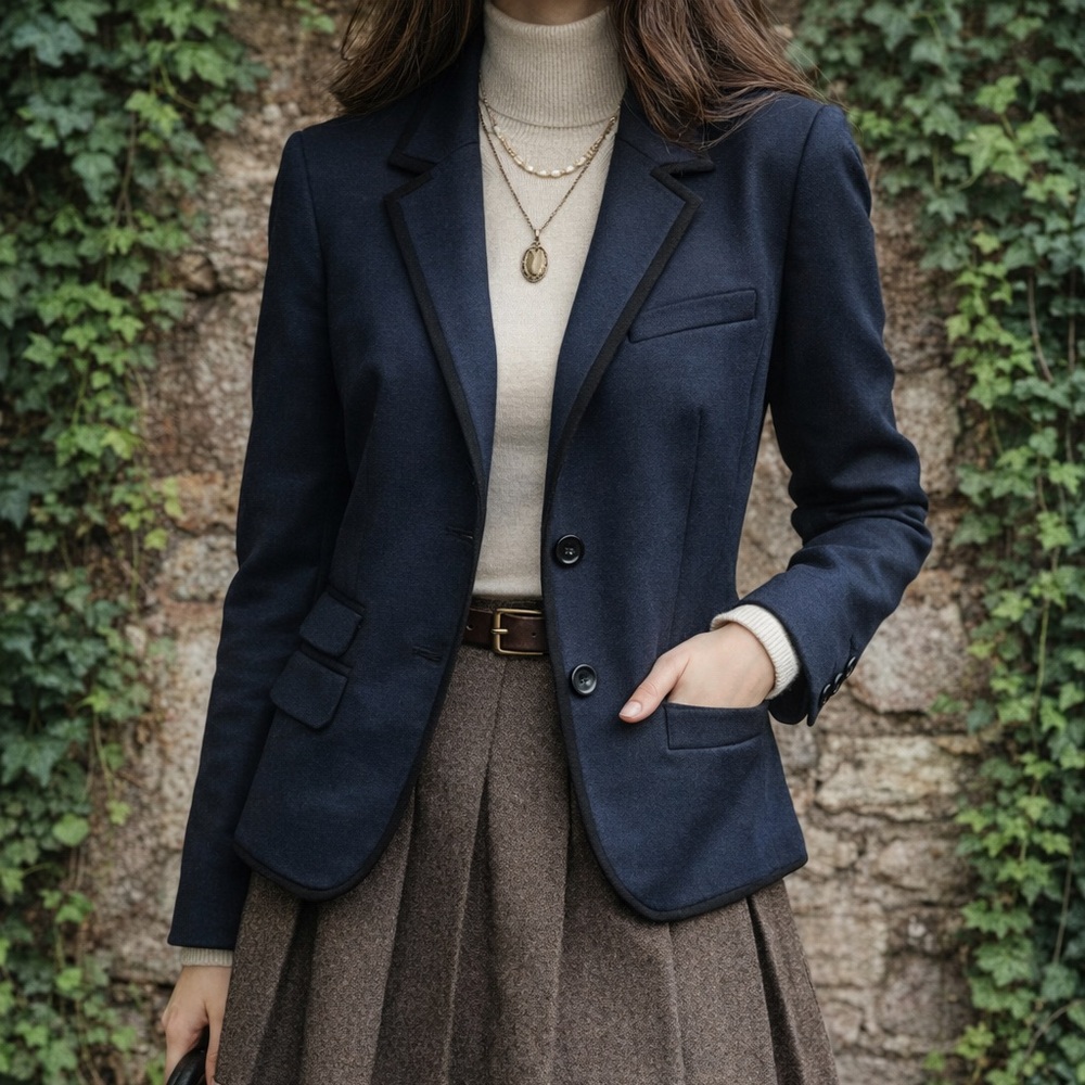 GAP The Academy Dark Academia Navy Blue/Black Trimmed Fitted Preppy Blazer, 8